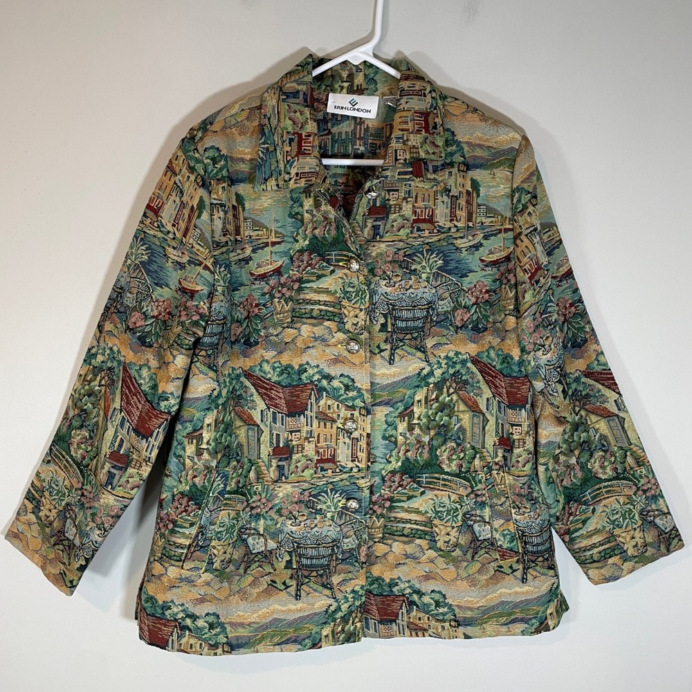 Erin London Womens L Tapestry Jacket Village Garden Silver Buttons Boho Jacquard